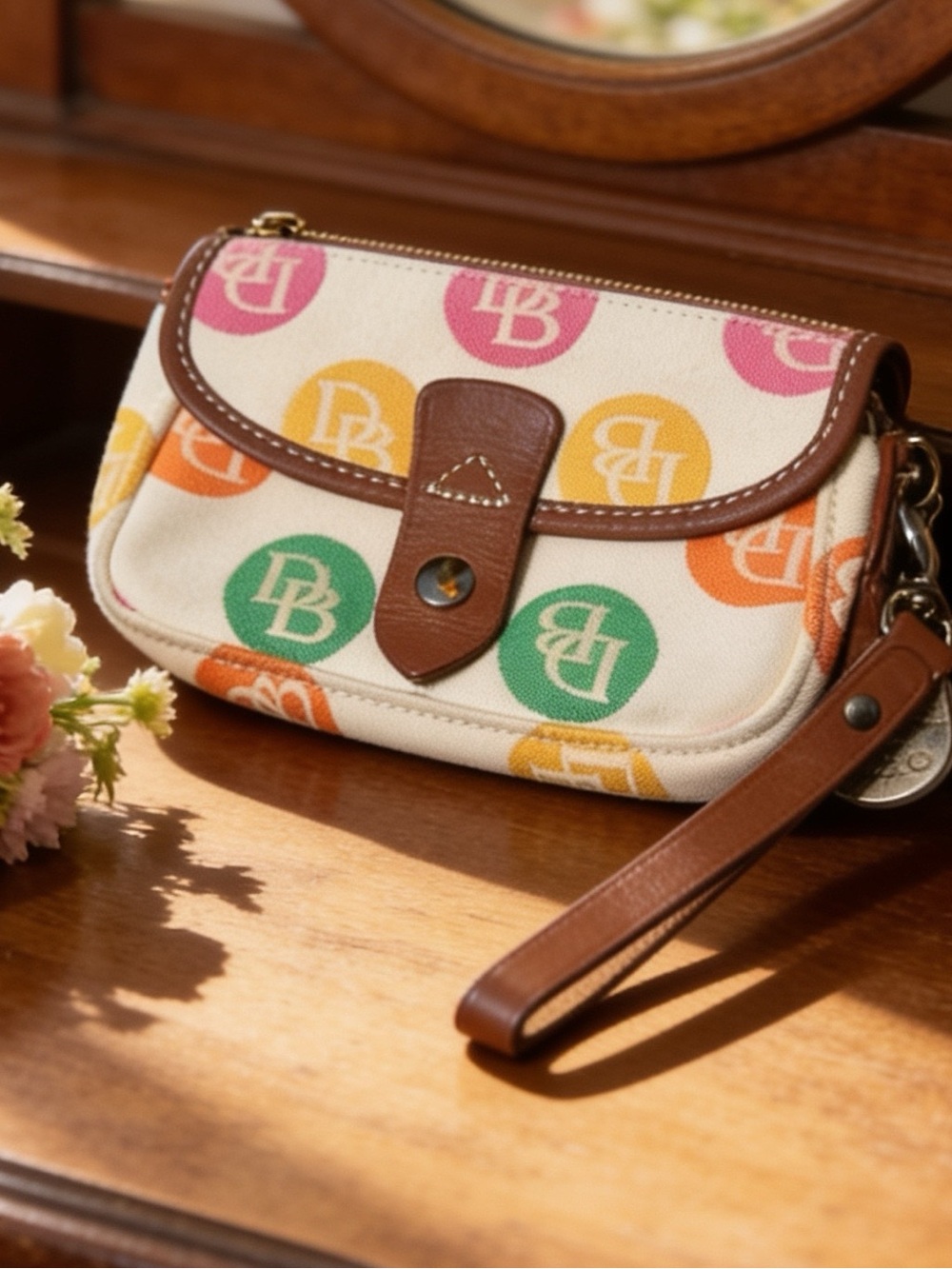 Vintage Dooney & Bourke Rainbow Monogram  Logo Dot Wristlet Cream & Brown Trim